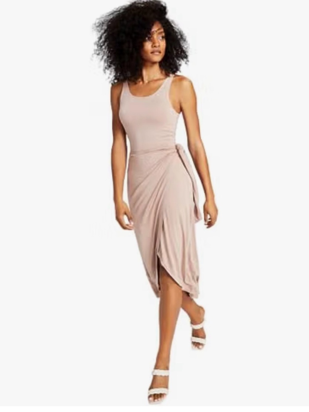 And Now This Almond Tie Waist Tulip Midi Dress M L NWT